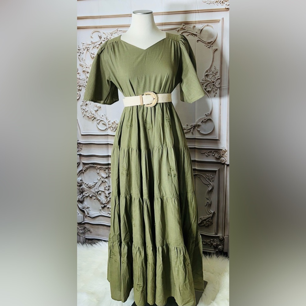 Olive Tiered V-Neck Maxi Dress with Flutter Sleeves - Picture 8 of 8